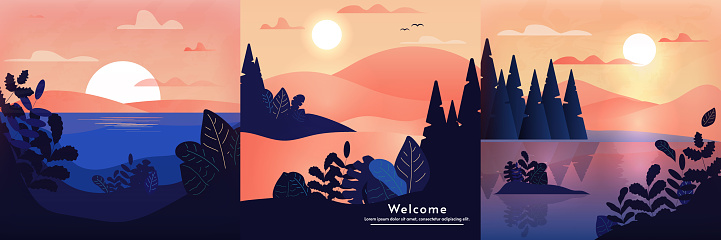istock Set of vector illustrations, landscapes. Morning or evening, sunset or sunrise, river, sea or ocean with mountains. Vector banner, wallpaper, background, business card. 1502474860