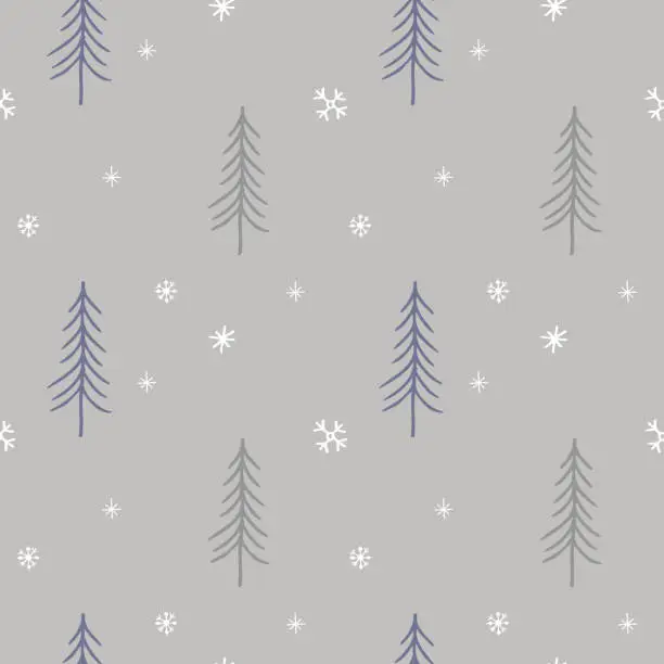 Vector illustration of Christmas trees in forest and snowflakes from snow repeating seamless pattern winter decorative ornament. Hand drawn festive background for greeting card, textile, wrapping, template. Boho style