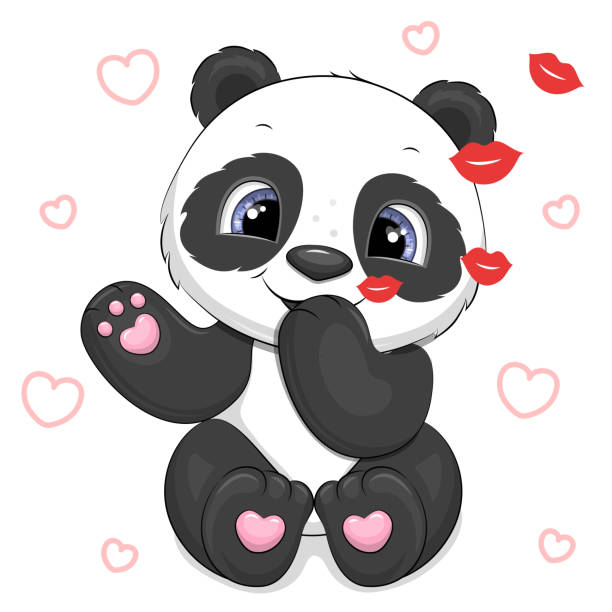 illustrations, cliparts, dessins animés et icônes de un panda de dessin animé mignon envoie un baiser aérien. - young animal baby panda red
