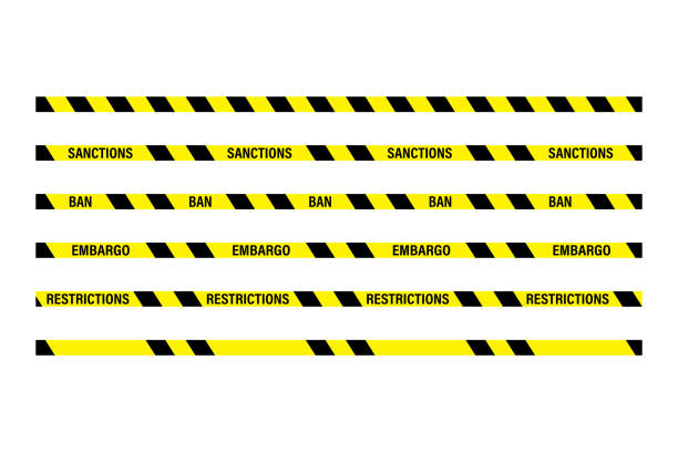 istock Set of black and yellow tapes. Restriction, sanctions, ban - ribbons with text. Cartoon web template. Warning symbols, signs and arrows. 1502486184