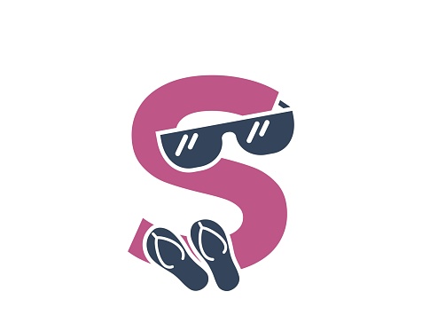 letter s with sunglasses and flip flops. vacation and resort alphabet logo. summer tourism design. isolated vector color image