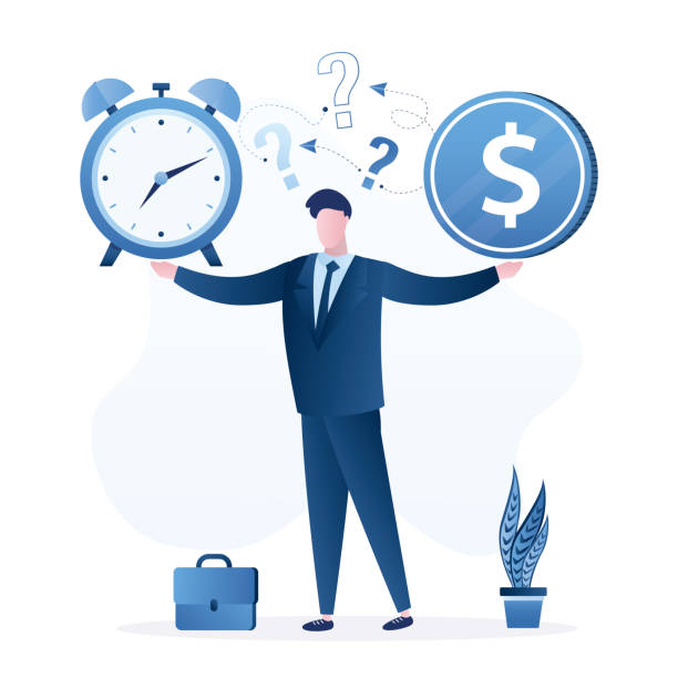istock Difficulty decision, time or profit, businessman thinking, balancing save time or earning money choice. Time value of money. Money management. Work efficiency, productivity. 1502494309