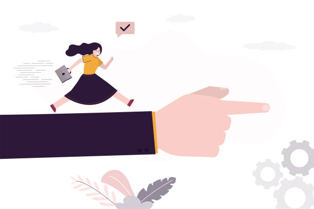 baner koncepcji mentorskiej. studentka biegnie na gigantycznej dłoni. trener biznesu wskazuje właściwy kierunek rozwoju biznesu, bizneswoman zysku i sukcesu. - women leading guidance student stock illustrations