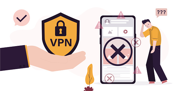 Unhappy user with insecure and blocked internet. Seller hand give VPN app to protect personal data and surfing in web on smartphone. App for secure connection, data encryption. Virtual private network