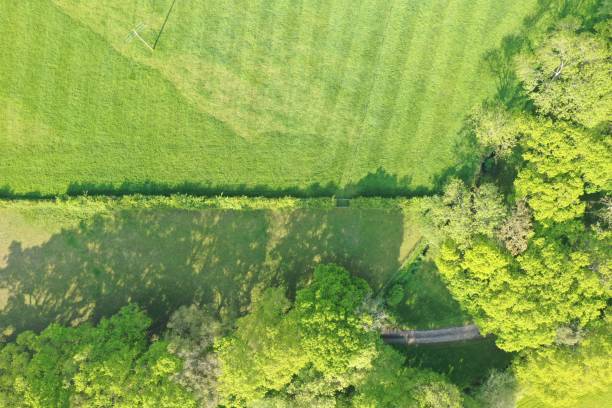 istock Drone perspective over green fields of Hook, Hampshire, England 1502497383