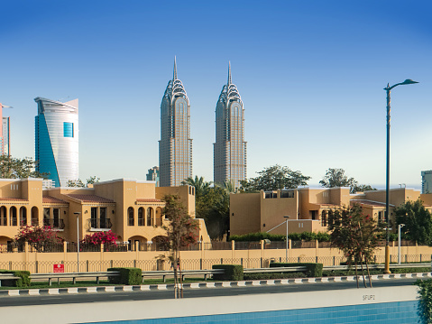 DUBAI, UAE. The Al Kazim Towers in Dubai Media City. The Al Kazim Towers is a complex of two 53-floor towers, resemble to the New York City's Chrysler Building.