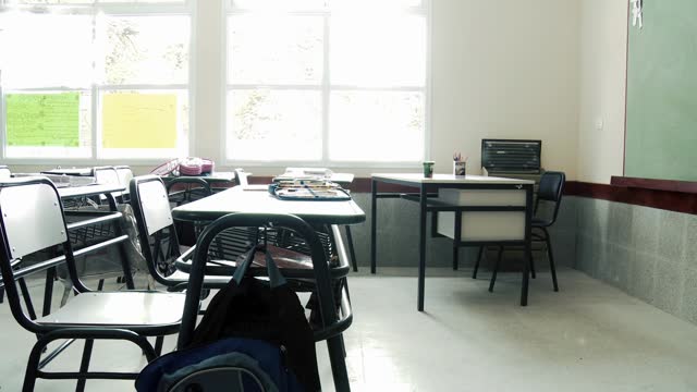 Empty Classroom during a Break Time at a Public School in Argentina. Zoom Out. 4K Resolution.
