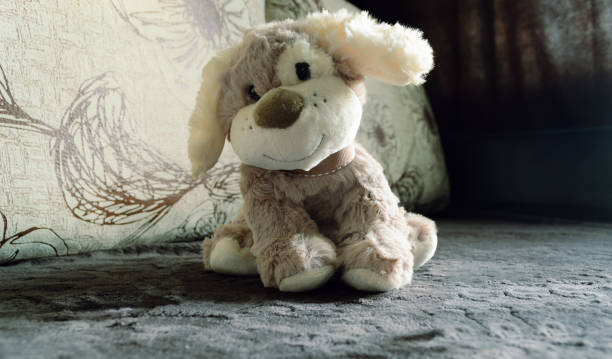 istock Cute plush dog toy sitting on velour sofa 1502522430