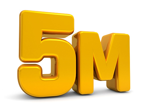 Golden 5M isolated on white background. 5M 3d. Thank you for 5 Million followers 3D gold. 3D rendering