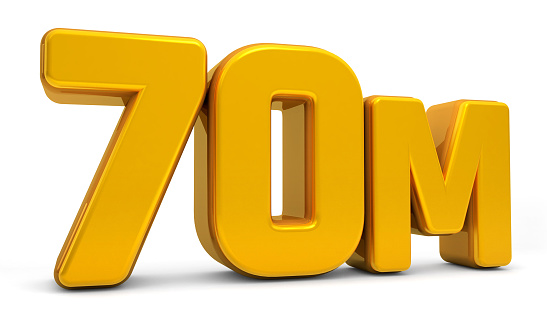 Golden 70M isolated on white background. 70M 3d. Thank you for 70 Million followers 3D gold. 3D rendering