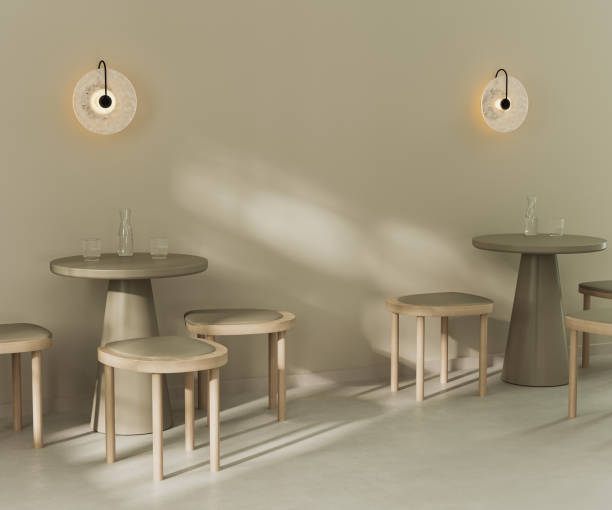 istock Cafe bar restaurant 3d render, empty coffee shop with tables and chairs, sunlight on wall 1502525917