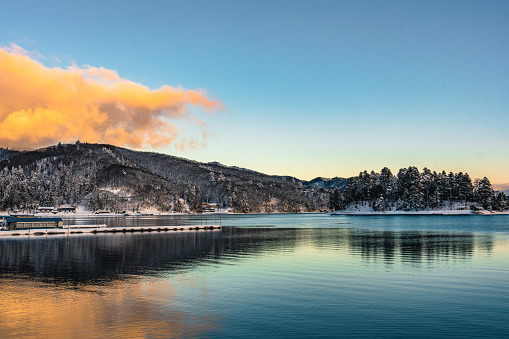 Winter daybreak scenery at Lake Aoki in Nagano prefecture, Japan