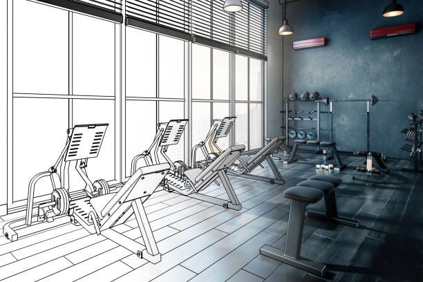 Body Building Center Inside a Penthouse Recreation Area (planning) - 3D Visualization Body Building Center Inside a Penthouse Recreation Area - 3D Visualization exercise room stock pictures, royalty-free photos & images