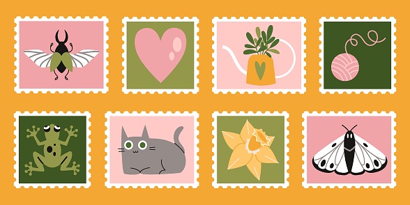 Set of cute hand-drawn post stamps with natural plant elements, attributes like flowers, moth, frog. Trendy modern vector illustartions in Cartoon style.