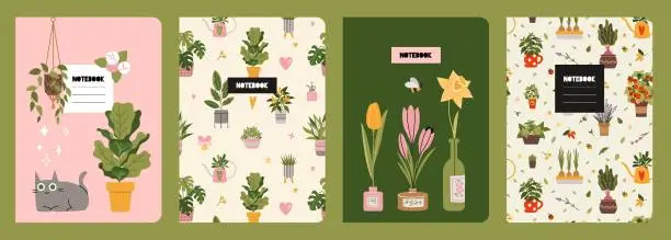 Vector illustration of Trendy covers set on a plants theme, cartoon style vector illustration. Cool design with floral seamless patterns and cute cozy home objects. For notebooks, planners, brochures, books and catalogs