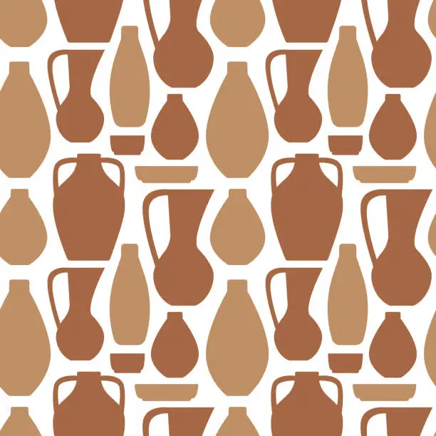 Vector illustration of Pottery seamless pattern. Shapes Antique clay jug, pot and plate. Monochromatic crockery on a white background. Wrapping