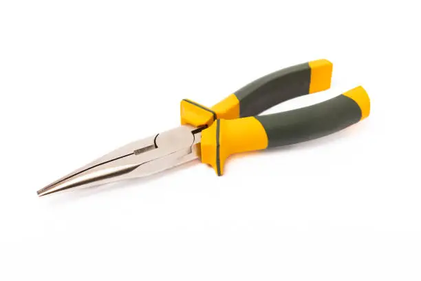Photo of Long nose pliers black yellow color isolated on white background.
