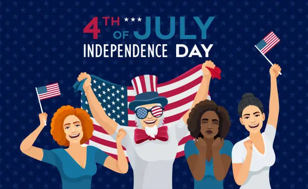 Vector illustration of American Flag. Happy Independence Day. Colorful fireworks. Fourth of July. Modern Uncle Sam Carrying USA Flag. People celebrating the National Day.