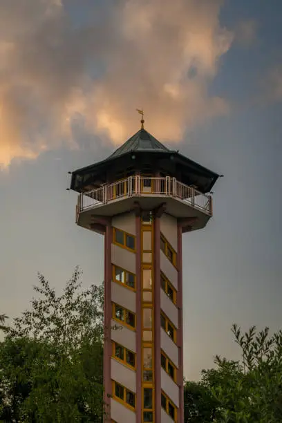 Lookout tower on Scheibenberg hill in middle of hot color summer