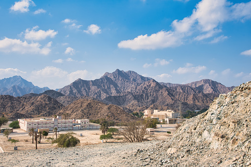 Scenic landscape of Hatta mountainous city in the territory of Dubai emirate of United Arab Emirates during a bright day