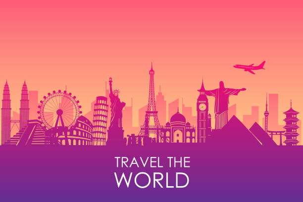 illustrazioni stock, clip art, cartoni animati e icone di tendenza di viaggia nel mondo sullo sfondo del banner. carte turistiche modello paesaggistico. viaggio. vacanza come in vacanza. paesaggio urbano in tutto il mondo. illustrazione vettoriale in stile piatto design moderno. - meta turistica