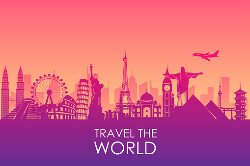 Travel to world on banner background. Landscape template tourism cards. road trip. vacation as in holiday. city scape around the world. vector illustration in flat style modern design.