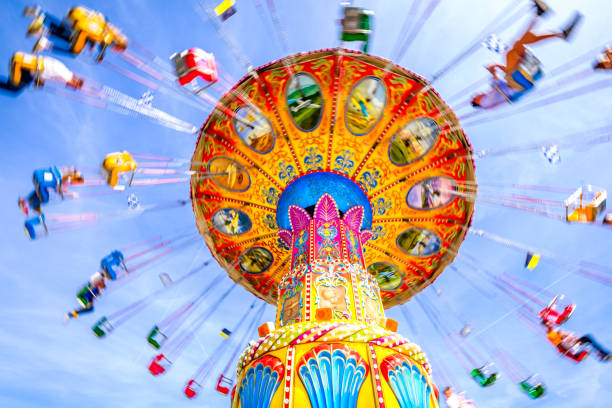 Drop tower free fall ride in amusement park