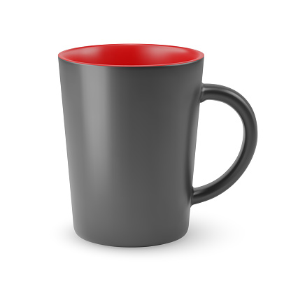 Illustration of Empty Black Coffee Cup or Tea Mug on a White Background. Isolated Mockup with Shadow Effect, and Copy Space for Your Design