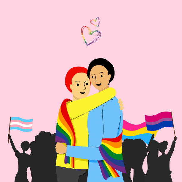 illustrazioni stock, clip art, cartoni animati e icone di tendenza di persone che tengono bandiere arcobaleno durante il mese dell'orgoglio e sostengono l'uguaglianza e i diritti - rainbow gay pride homosexual homosexual couple