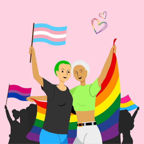 illustrazioni stock, clip art, cartoni animati e icone di tendenza di persone che tengono bandiere arcobaleno durante il mese dell'orgoglio e sostengono l'uguaglianza e i diritti - rainbow gay pride homosexual homosexual couple