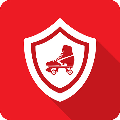 Vector illustration of a shield with roller skate icon against a red background in flat style.