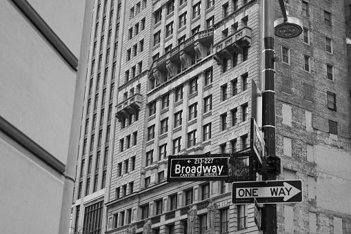 Manhattan, New York City, NY, USA, 1964. Street scene in front of a cinema entrance on New York Broadway, Downtown Manhattan. Also: pedestrians, buildings, shops, cars and advertisements.