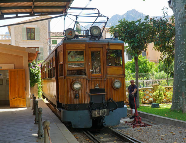 Soller, Mallorca, Spain - June 15, 2022: Vintage  Electric Train at Soller Mallorca Spain.
