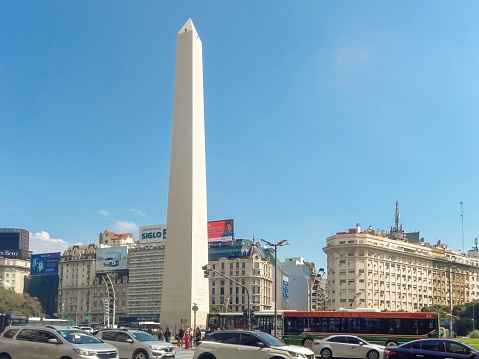 Buenos Aires, Argentina – March 30, 2023: The Obelisk, modern symbol of the city of Buenos Aires, at the intersection of 9th July Ave. and Corrientes Ave. Built in 1936. Copyspace