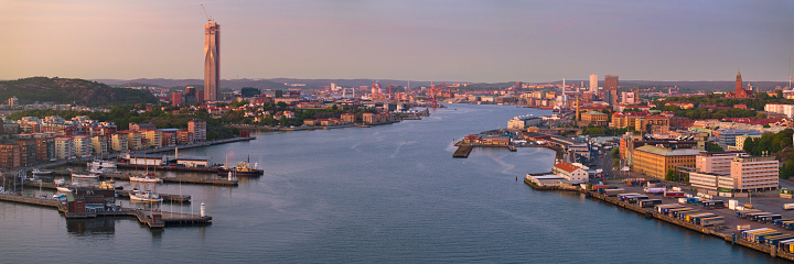 Panoramic view over the city of Gothenburg. On the northern shore of Göta Älv (river) the residential skyscraper Karlatornet (Karla Tower) is being built.