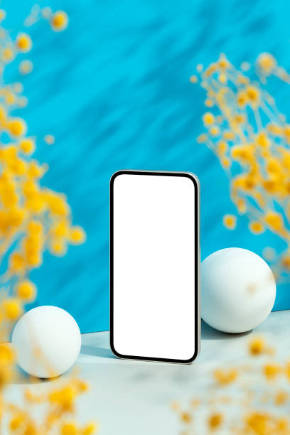 istock Smart phone mockup with blank white screen on blue background 1502564327