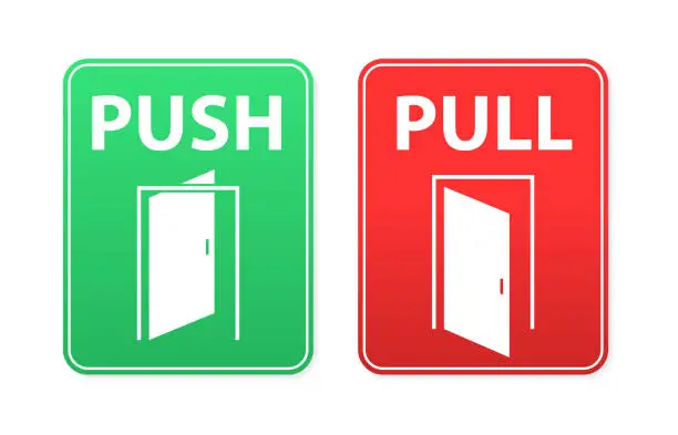 Vector illustration of Push pull door sign. Handle to open doors. Outline door illustration design for door opening instructions. Push and pull sign, vector graphic elements, template for door stickers. Vector illustration