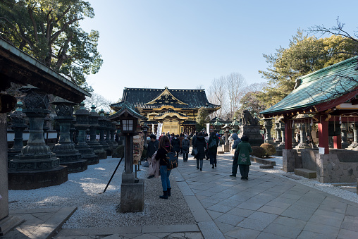 Tokyo, Japan - February 18, 2018: Ueno Toshogu Shrine and People visiting this place.