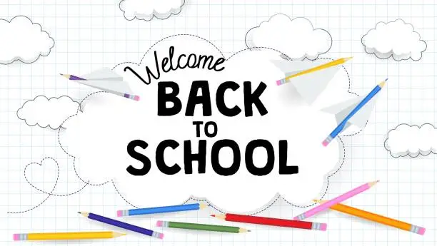 Vector illustration of Back to school banner with paper airplanes and clouds. Cartoon vector illustration