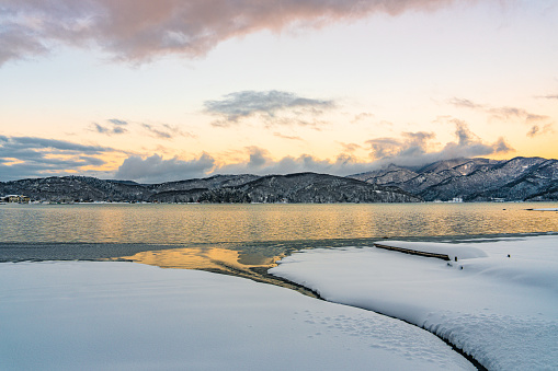Winter daybreak scenery at Lake Aoki in Nagano prefecture, Japan
