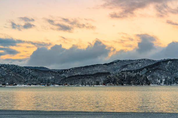 Winter daybreak scenery at Lake Aoki in Nagano prefecture, Japan