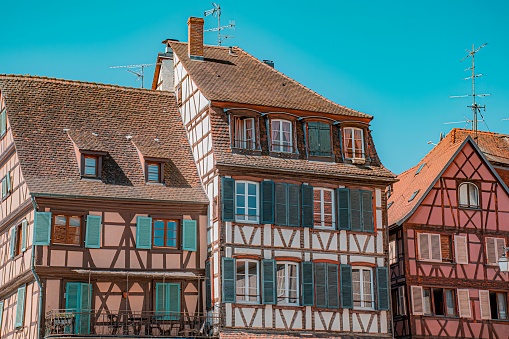 Historic wooden facade in downtown of Strasbourg at France at winter