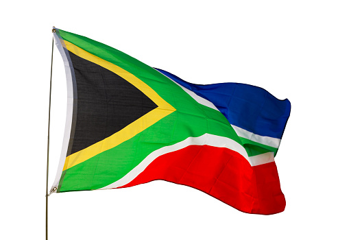 Large flag of South Africa waving. Isolated over white background