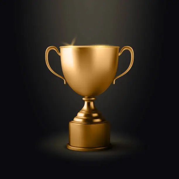 Vector illustration of Vector 3d Realistic Blank Golden Champion Cup Icon Closeup on Black Background. Design Template of Championship Trophy. Sport Tournament Award, Gold Winner Cup and Victory Concept