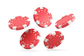 Falling casino chips on a white background