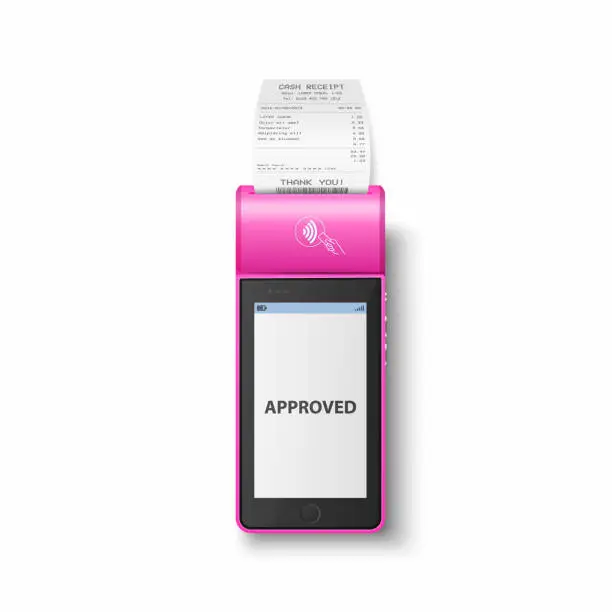 Vector illustration of Vector 3d Pink NFC Payment Machine with Approved Status and Paper Receipt, Bill. Wi-fi, Wireless Payment. POS Terminal, Machine Design Template of Bank Payment Contactless Terminal, Mockup. Top View