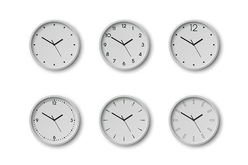 Vector 3d Round Wall Office Clock with White Clock Dial Set Closeup Isolated. Watches, Design Template, Mock-up for Branding, Advertise. Vector Simple Minimalistic Clocks, Watches in Front View.