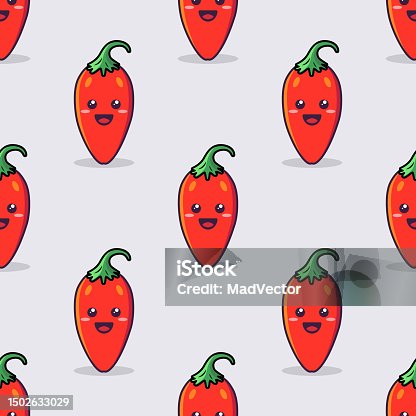 istock Vector Seamless Pattern with Cartoon Cute and Funny Red Hot Chili Peppers. Kawaii Style. Fresh Chili Hot Pepper with Smiling Face, Happy Emotion. Vector Illustration 1502633029