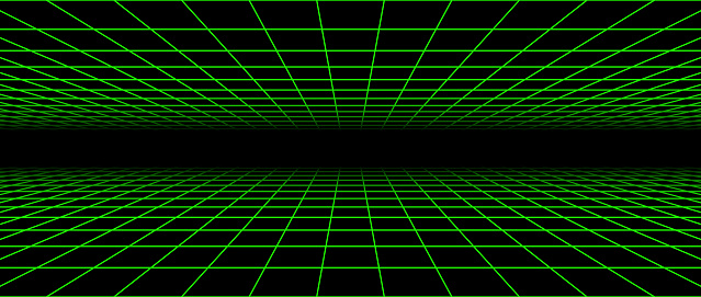 Neon green flat wireframe grid. Vanishing checkered floor and ceiling concept. Horizontal chessboard planes fading in perspective. Top and bottom lattice surface background. Abstract vector