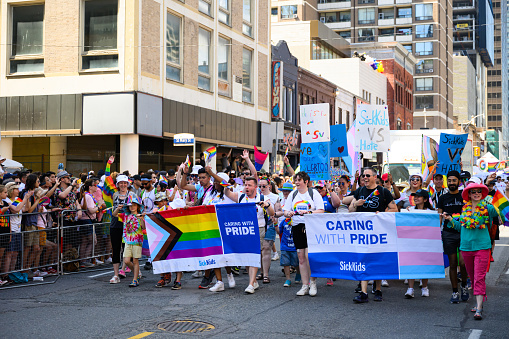 Toronto, Canada - June 25, 2023: The team of The Hospital for Sick Children (SickKids) shows support for LGBTQ+ communities. SickKids is Canada's most research-intensive hospital and the largest centre dedicated to improving children's health in the country.